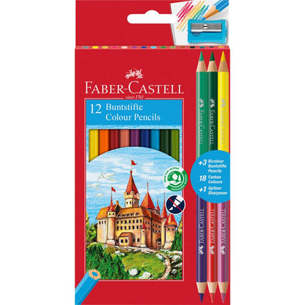 Kredki ołówkowe Zamk Faber-Castell 12 kolorów +3 kredki dwustronne+temperówka